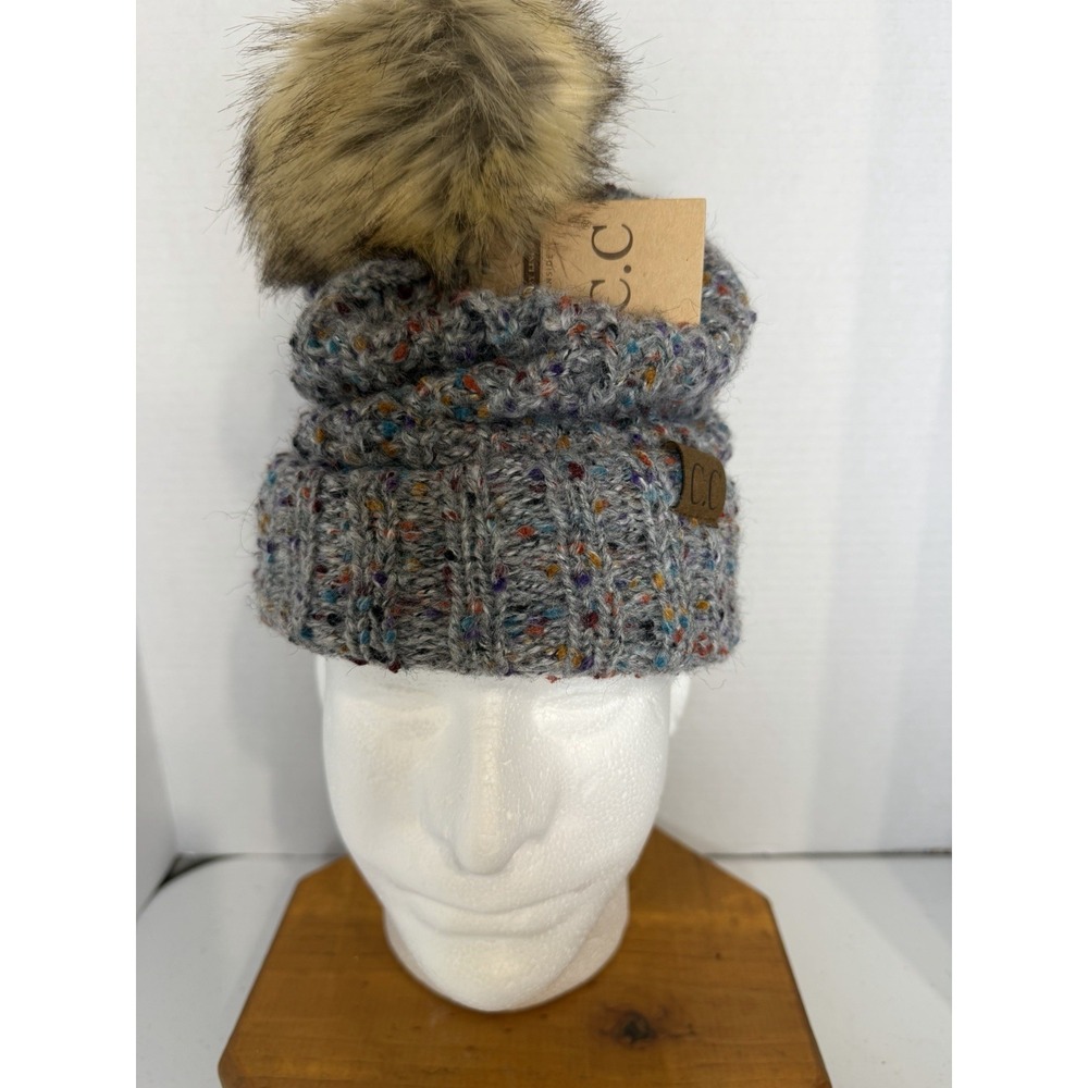 C.C‎ Confetti Knit Beanie Hat Faux Fur Pom Pom Fuzzy Lined Gray One Size NWT